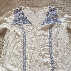 Billabong Women's White Blouse with Blue Embroidery